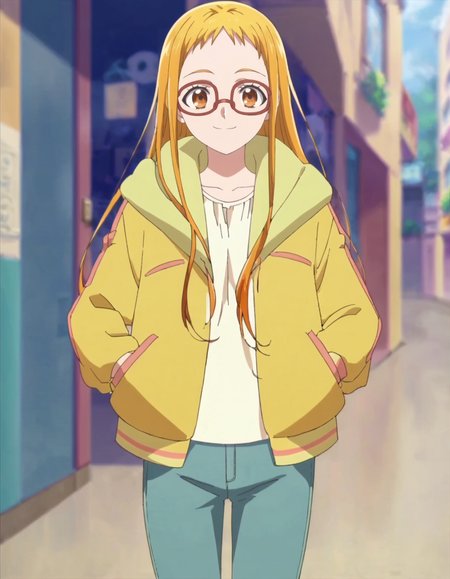 score_9, score_8_up, score_7_up, anime screencap, solo,1girl,kasuganourara,  glasses, looking at viewer, smile, jacket, semi-rimless eyewear, shirt, yellow jacket,pants,cowboy shot<lora:kasuganourara:0.8>,