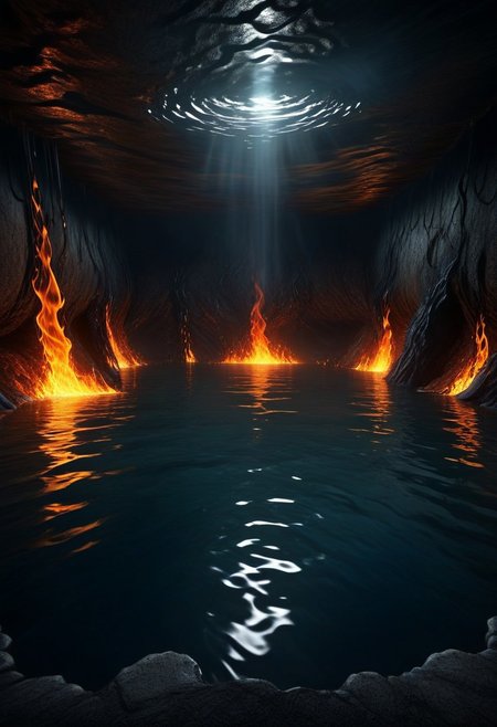 high quality, high resolution, extremely detailed, HavvoricFireDarkstyle lake, underground,