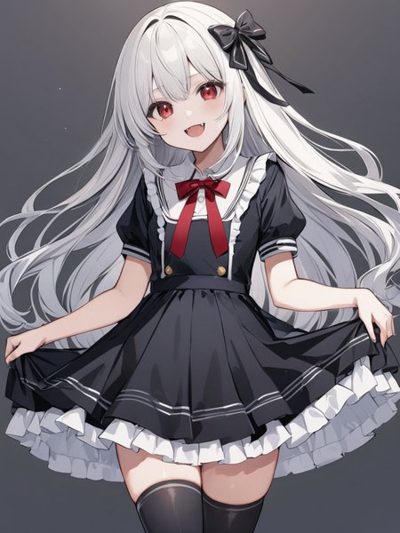 masterpiece,ultra-detailed,best quality,8K,illustration,cute face,clean skin ,shiny hair,girl,ultra-detailed-eyes,simple background, <lora:add-detail-xl:1>   <lora:yaeba_XL_V1.0:1> yaeba, fang,smile,red eyes,sliver hair <lora:gothic dress_XL_V1.0:1> jyojifuku, black dress, frills, hair bow, ribbon,skirt,thighhighs,skirt lift