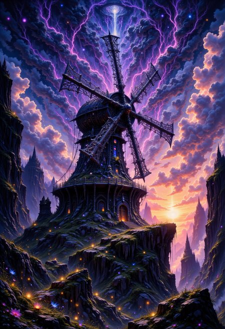pinkgrimmreverie,  A surreal windmill standing alone on a floating island, its blades made of luminous stained glass that shimmer in the twilight. The sky is a blend of deep purples and fiery oranges, with swirling clouds moving in unnatural patterns. Tiny glowing fireflies dance near the windmill, creating a mystical aura. The ground is covered in bioluminescent flowers that pulse gently with light. A dreamlike, fantasy-inspired scene with intricate details and a painterly, ethereal atmosphere