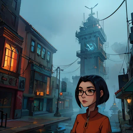 (jadechan (short black hair, brown eyes, hong konger:1.10) wearing (orange clothes with white trim:1.10) <lora:JadeChan-10v6:0.8>) JaOran, dynamic action scene,, <lora:detail_slider_v4:0.8>, <lora:realistic:0.2>, <lora:tangbohu-line_1.0:0.2>, <lora:make25d_type1_v100:0.2>, BREAK (style-rustmagic:0.8), solo, upper body, detailed background, detailed face, (lovecraftian theme:1.1), false confidence, investigator of lovecraftian cosmic horrors, steampunk frayed adventuring gear, glasses, dark color scheme, haunted by eldritch forces, , psychological struggle, , looming insanity, mysterious fog, starless night, mysterious lovecraftian atmosphere,