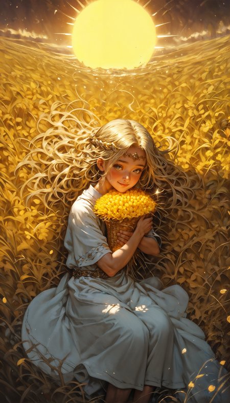 score_9, score_8_up, score_7_up,  1boy,solo focus,solo, miquella, blonde hair,crown braid,multiple braids,yellow eyes, white robe, gold armlet,circlet, p3tl0v3, hugging p4tr0nus, cute smile, laying down, field, dutch angle, sunlight, wind, flying leaves, sun flowers, corn field, water sparkles,  <lora:Expressive_H-000001:0.8>, expressiveH     <lora:Fant5yP0ny:0.9> <lora:Pony_DetailV1.0:0.9> <lora:miqeulla:0.8> <lora:p3tl0v3XLP:0.8> <lora:p4tr0nusXLP:0.8>