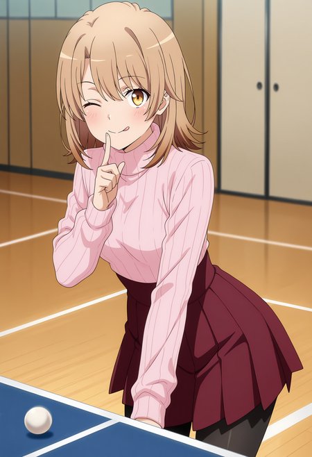 anime screencap, masterpiece, best quality,
<lora:YahariOreNoSeishunLoveComedy_IsshikiIroha_IlluXL:0.9>,
1girl, solo, closed mouth, smile, blush, tongue out, one eye closed,
medium hair, multicolored hair, light brown hair, brown hair, yellow eyes, hair between eyes,
turtleneck sweater, ribbed sweater, pink sweater, long sleeves, high-waist skirt, pleated skirt, red skirt, black pantyhose,
finger to mouth,
cowboy shot, standing, looking at viewer,
indoors, table tennis, blurry background