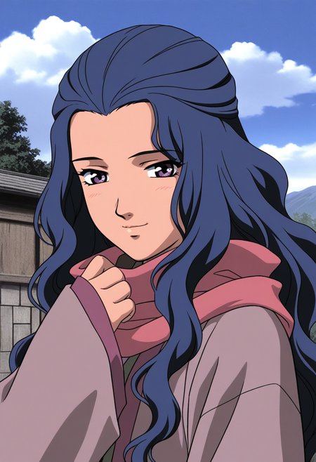 masterpiece, best quality, source_anime,official art,perfect_anatomy,2000s_\(style\),retro_artstyle,1girl,solo,Shoukei,purple_eyes,blue_hair,long_hair,wavy_hair,scarf,Antique Hanfu,winter_clothes,sleeves_past_wrists,looking_at_viewer,anguish smile,upper body,day,blue_sky,cloud