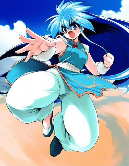 score_9, score_8_up, score_7_up, source_anime, rating_explicit, BREAK  <lora:Ryuho_QOD_XL:1>  Ryuho_QOD, blue hair, blue eyes, light blue hair, long hair, small breasts, multicolored hair, two-tone hair, 
1girl, solo,  chinese clothes, 1990s (style), pants, fang, open mouth,ãwhite pants, fighting stance, shoes
sky, day,