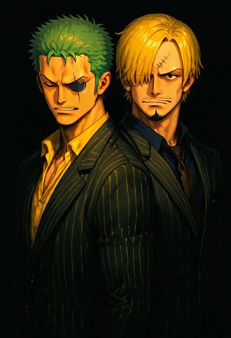masterpiece, best quality, newest, absurdres, highres, 
SDPV1.0, Duo, duo focus, simple background, black background,
2boys, 
Sanji \(one_piece\), blonde hair, suit, necktie,
Zoro \(one_piece\), green hair, scar, one eye closed,