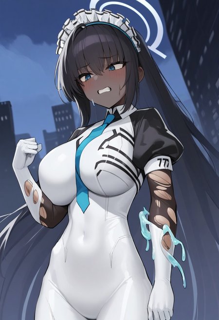 Masterpiece, best quality, 1girl, cowboy shot, Karin_(Blue_Archive), very dark skin, halo, black hair, very long hair, long hair in wind, blush, clentched teeth, maid headdress, (black dress), puffy short sleeves, black sleeves, blue ribbon,  large breasts, covered navel, white bodysuit, skin tight, White detailed bodysuit, spider print, Symbiote, white symbiote suit, (bodysuit under clothes), tentacles, slime(substance), white slime, (torn clothes, torn sleeves, torn dress, torn skirt), pulled by self, exploding clothes, night