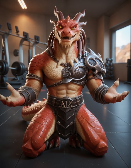 score_9, score_8_up, score_7_up, BREAK (anthro, furry:1.1), depth of field, cinematic lighting, masterpiece, detailed hands, detailed face, best quality, ultra realistic, 4k, 2k, film photography, RAW photo, photorealistic, analog style, subsurface scattering, photorealism, embedding:unaestheticXL_bp5, embedding:zPDXL,(best quality, high quality, 8K:1.5), <lora:add-detail-xl:2.0>, <lora:fix_hands.safetensors:2.0>, <lora:sinfully_stylish_SDXL.safetensors:0.6>,  <lora:AdvancedEnhancerXLv2.safetensors:1.0>, (hi res), ((masterpiece)), ((best quality)), illustration, <lora:Salazar_Watcher_of_Realms.safetensors:0.5>, (salazar:1.2), anthro, furry, dragon tail, holding, armor, holding weapon, furry male, fangs, muscular, sharp teeth, (detailed eyes:1.15), yellow eyes (wide shot, kneeling head turn hands up, gym, blush:1.15)
