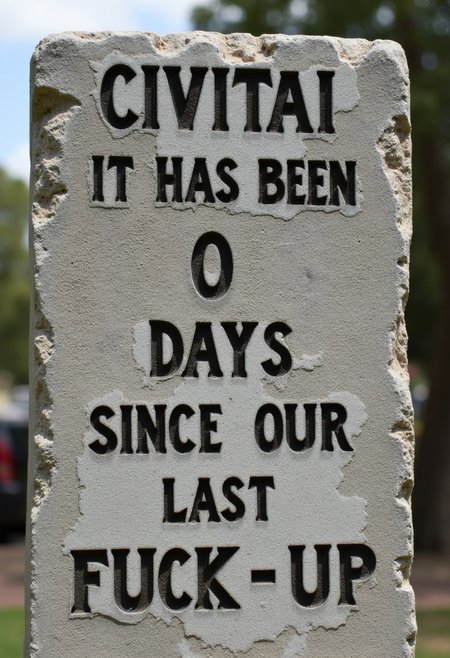 chiseled into a rough stone tablet :
" CIVITAI -  IT HAS BEEN | 0 | DAYS SINCE OUR LAST FUCK-UP "
