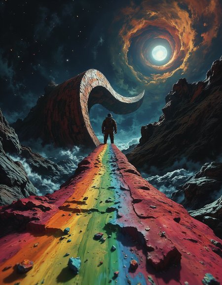 masterpiece, ultimate detailed, tiny finnest details,
A person riding a cyber surf, that hovers off of the ground at a really high speed. a road made of of a rainbow in outer space. A blackhole at the end of the track, absorbing things nearby
 <lora:NeonFantasyFLUX:0.25> ne0nfant4sy <lora:Flux1-impossible_geometry_V1.0:0.4> <lora:flux.1_lora_flyway_Epic-detail_v2:0.7>, <lora:Dieselcore:0.7> d1eselc0re