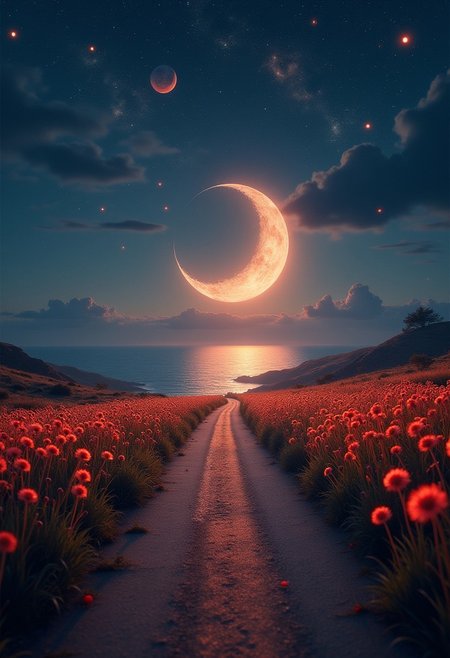 There is a big crescent moon on the sea, and the road is full of light red dandelion, astral system, starry sky, fireflies, bubbles, HD,8K. Adding depth to the composition. High-contrast color, cinematic quality, high resolution, super-detailed, super-sharp focus, depth of field, and dramatic lighting and shadows.