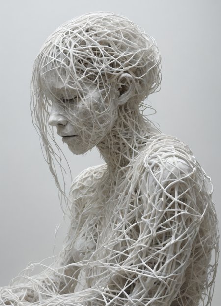 ASCII art, somber, Patrick Dougherty, detailed, Viviane Sassen, white white background