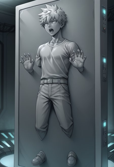 score_9,score_8_up,score_7_up,source_anime,carbon freeze,1boy,solo,open mouth,male focus,indoors,restrained,science fiction,cyberpunk,machine,machine smooth,calves stuck,feet stuck,controller,solid eyes,arms stuck,hands up,open hands,<lora:Carbonite_V1-1_pony-000010:1>,bakugou katsuki,carbon freeze chamber,shirt,pants,grey skin,grey theme,