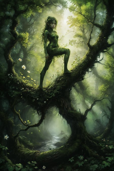 mysterious forest nymph with green skin merging with beautiful tree trunk,  background of lush mossy forest, by Minjae Lee, Carne Griffiths, Emily Kell, Steve McCurry, Geoffroy Thoorens, Aaron Horkey, greg rutkowski, sss green glow in eyes, Jordan Grimmer, amazing depth, intricately detailed, bokeh,  perfect balanced, artistic photorealism , smooth,  great masterwork by head of prompt engineering, plants, vines with small flowers,  full body view, <lora:add-detail-xl:2><lora:NsfwPovAllInOneLoraSdxl:0.1> <lora:xl_more_art-full_v1:0.5> <lora:sss:0.9> <lora:Glowing_eyes_portrait:0.5> <lora:Desolation:0.3>