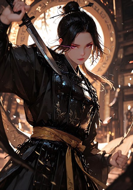 masterpiece, best quality, good quality, very aesthetic, absurdres, newest, 8K, depth of field, focused subject, visual storytelling, dynamic composition,
stylized, scenery, bokeh, blurred background, 
Black Myth Wukong, Wukong hairstyle,
chinese mythology, (dynamic pose:1.3), eye-trails, fighting-stance, eye trail, zone-eyes, high speed motion, intense action shot, curved black knife, (carvings on the knife, medium lenght knife)
upper body focus,
storm aura, divine energy, long flowing sash, ancient armor, windblown hair, dungeon environment, vibrant colors, mythic scale, sakura petals, cinematic composition, backlighting, volumetric light, storytelling scene, symbolic environment, god-tier illustration,(sketch:1.3), in the style of cksc, detailed hand grip on knife