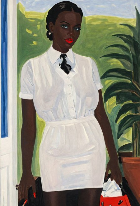 Masterpiece, detailed, realistic photo, night, European, female, close-up, several white lines painted on face, fully_dressed, red lips, gentle smile, 28 years old, Ultra detailed photo realistic background, realistic high detailed face, anatomic correct bodies, extremely realistic, lots of detail, strong, seductive, dull_natural_skin, hands out of view or hidden, Gdark, bright blue eyes, big black summer head, white clothes, outside, garden, franziska von karma, vest, white shirt, pencil skirt, pantyhose, skin texture style, detailed skin pore, detailed skin, realistic skin, SUPERMODEL,  Lawrence, Jacob Lawrence Style SDXL.