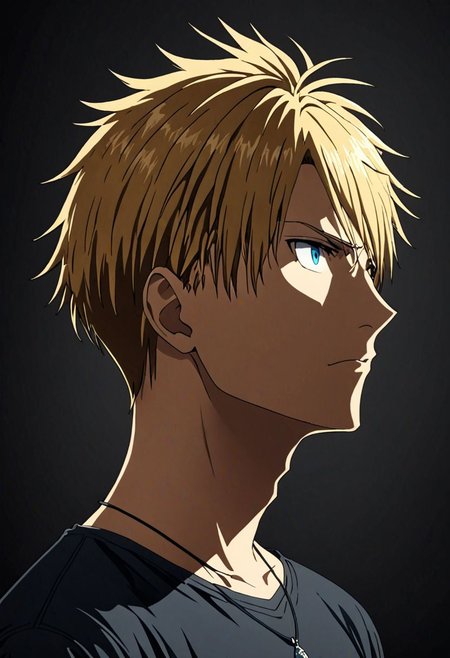 high resolution, solo, best quality, 1Boy, Yamato Ishida, Blond Hair, Necklace, potrait, dark shirt, looking at viewer, focused gaze forward, simple background, straight body, upper body, head upright, envy, OverallDetail