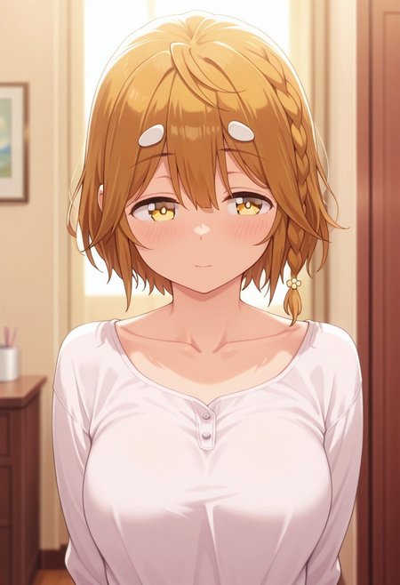 masterpiece,best quality,amazing quality, koiwai yoshino, short hair, braid, brown hair, 1girl, solo, yellow eyes, hair ornament, indoors, side braid, collarbone, blurry, single braid