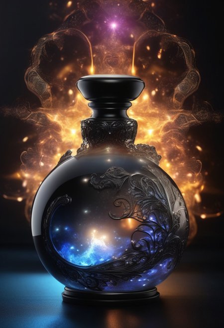 Score_9, Score_8, Photorealistic magic potion, intricate glass bottle, vibrant black and silver colors, ethereal light, wax seal, flashy lights, magic lights, luminous, dynamic reflections, magical aura, highly detailed, fantasy essence, glowing particles, radiant aura