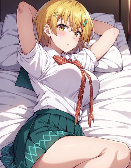 score_9, score_8_up, score_7_up, source_anime, uncensored, <lora:StS_detail_slider_v1:3>, zPDXLxxx, <lora:Kirara_Hoshino_PONYXL_VexVexX:1>, KiraraHoshino, 1girl, yellow eyes, blonde hair, short hair, hair between eyes, hair ornament, hairclip, medium-large breasts, school uniform, skirt, green skirt, shirt, white shirt, short sleeves, bow, ribbon, red bow, cowboy shot, bedroom, from side, lying on back, legs spread, knees bent, knees up, hands behind head, thighs, looking at viewer