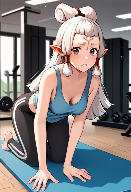 zPDXL3, score_9, score_8_up, score_7_up, 
1girl, solo, medium breasts,
pointy ears, brown eyes, forehead mark,
gym, yoga pants, bending down, tank top, downblouse, 
bowpaya,