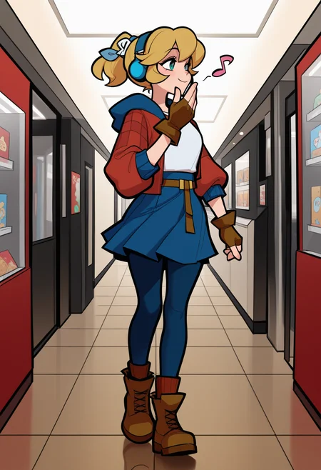 masterpiece, best quality, amazing quality,,<lora:cadence_illustrious_byJaneB:1>,1igrl. solo, c4dence,
red jacket, blue skirt, pantyhose, white shirt,  fingerless gloves, brown boots, smile, whistling, musical note, headphones, walking, in the mall, , happy, shopping