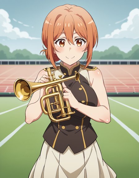 score_9, score_8_up, score_7_up, source_anime, <lora:mother-yuigahama-s2s3-ponyxl-lora-nochekaiser:1>, yuigahamama, hair bun, mature female, orange eyes, orange hair, short hair, single hair bun, hair between eyes, sidelocks, large breasts, <lora:band-uniform-ponyxl-lora-nochekaiser:1> band uniform, marching band, shako cap, trumpet, epaulettes, instrument, sleeveless, skirt, white skirt, miniskirt, playing instrument, track and field, blush, smile,, cowboy shot,