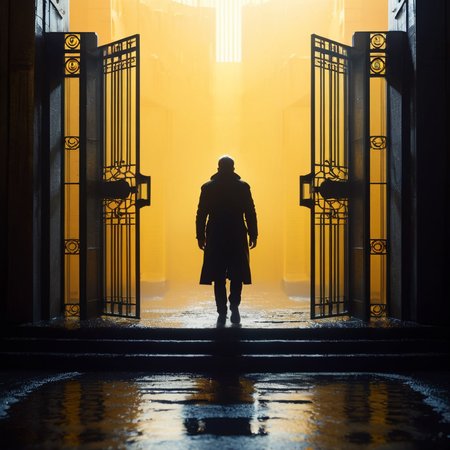 cinematic film still of  <lora:Blade Runner Style:1>
A wide angle ultra wide view of a Cinematic Hyperrealistic Artstation Artwork of a silhouette person standing in the middle of a wet ground with stairs and very big opened door gate with yellow orange background behind  Blade Runner style, shallow depth of field, vignette, highly detailed, high budget, bokeh, cinemascope, moody, epic, gorgeous, film grain, grainy