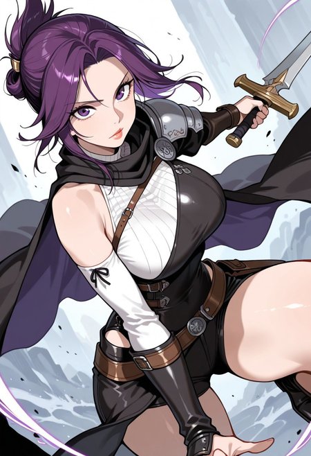 best quality, masterpiece, sfw,
n0m0, sabudenegostyleil,
close-up shot, view from aside,
solo, holding sword, dynamic fighting pose,
1girl, 
human, purple hair, purple eyes, folded ponytail, soft lips, luscious lips, glossy lips,
armor, single shoulder armor, cape, single bare shoulder, clothed,
large breasts,  
looking at viewer, closed mouth,