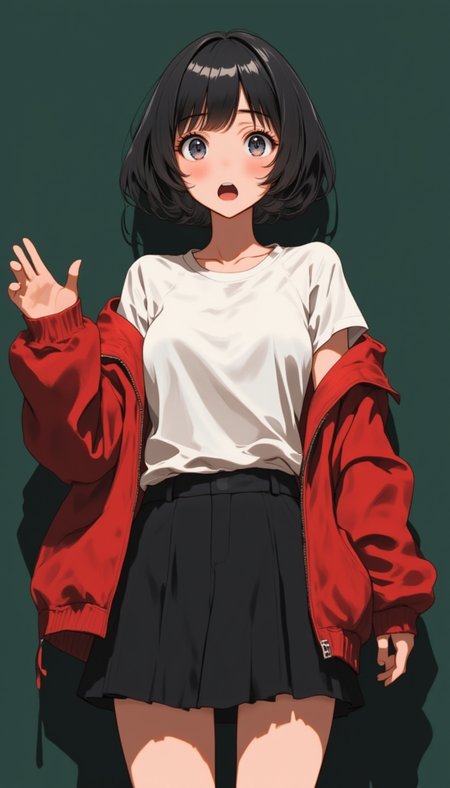 2D anime cartoon of an athletic woman, with very short hair and bangs, wearing casual and waving her hand. She has large eyes, an open mouth in surprise, and is wearing a white t-shirt, black skirt, and a red jacket, set against a dark green background. The character is facing the viewer from a frontal angle. Anime aesthetic in the style of A-idealism.lyh_niji