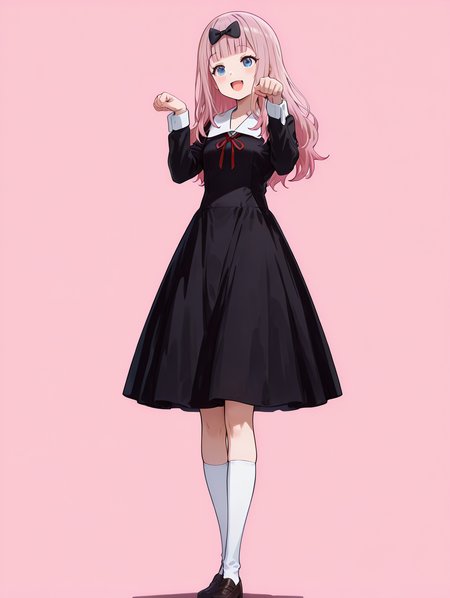 perfect quality,high quality,masterpiece,best quality,amazing quality,very aesthetic,absurdres,Cinematic Lighting,newest,Tactical use of shadow,
front view,full_shot,:d,
1girl,solo,long hair,pink hair,bangs,blunt bangs,bow,hair bow,black bow,blue eyes,shuuchiin academy school uniform,school uniform,ribbon,neck ribbon,red ribbon,dress,black dress,kneehighs,socks,white socks,shoes,FujiwaraChikaCYQL,
full body,standing,cat_pose,,
papayawhip background,simple background,
usnr,748cmstyle,<lora:USNR STYLE_XL_loha:0.45>,<lora:spo_sdxl_10ep_4k-data_lora_webui:0.6>,<lora:illustrious_all_rated_v1:0.6>,<lora:748cmSDXL:0.6>,<lora:illustrious_quality_modifiers_masterpieces_v1:0.8>,<lora:lora.by_tusi:1>,