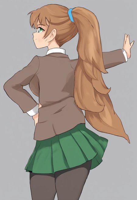 ddlcmonika, blunt bangs, brown hair, green eyes, long hair, ponytail, ribbon, white ribbon, hair ribbon, sidelocks, smile, black thighhighs, blue skirt, brown jacket, jacket, long sleeves, mary janes, over-kneehighs, pleated skirt, school uniform, shoes, skirt, thighhighs, zettai ryouiki, indoors, classroom, looking to the left
hand on hip, outstretched arms, ass, big ass, huge ass, (STRIKERSPEACHMEME), from behind
score_7_up, score_8_up
score_9, score_8_up, score_7_up, source_anime, ddlcmonika, <lora:ddlc-monika-ponyxl-lora-nochekaiser:1> 
1girl <lora:Strikers_Peach_Pose:1>