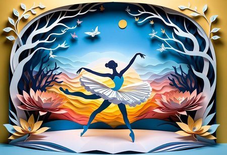 Imagine a three-dimensional image that combines the beauty of ballet with the creativity of paper cutouts, inspired by the art of Jinzhi and the imagination of Van Gogh. The image should have multiple layers to achieve an artistic and surreal effect of a camera