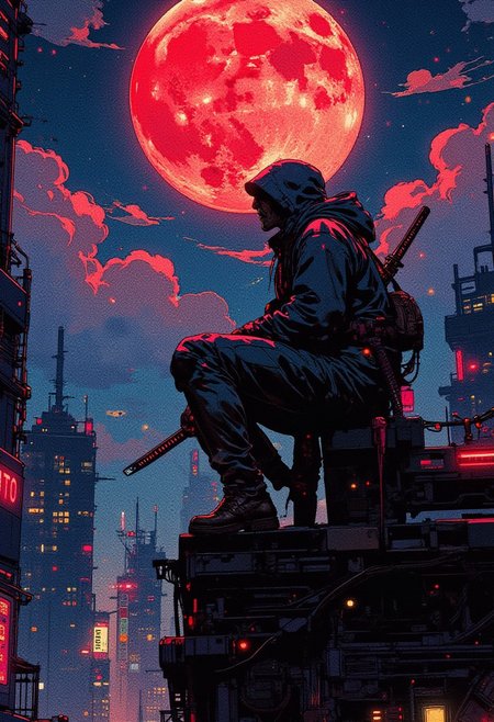 a dark shadow figure with a neon katana kneeling on the edge of a rooftop, looking up at the blood moon in the distance surrounded by clouds and it’s drizzling a bit, in a neon cyberpunk city at night with skyscrapers and neon advertisements reflecting off the wet pavement. A digital artwork in the style of cknc,