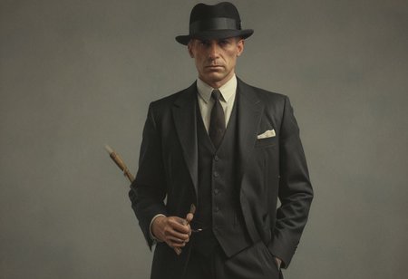 1920s mobster holding a club while wearing a 3 piece black suit and Black Bowler Derby Hat Short Rolled Brim Fedora Hat,  Vibrant (George Tooker) and (Simon Stalenhag) and (Holly Andres) book cover style.
Title: "The Closer".
Life-like details.
Cinematic. Dramatic. Dynamic. 
Pristine Aesthetic.
Enigmatic.
Emotionally Moving.
Moody.
Extremely refined lines and and shapes.
Extremely refined details on objects.
Sharp details.
Complementary colors.
Many details everywhere. Ray-Tracing. Anti-Aliasing. Realistic soft shadows. Low saturation colors. Insane quality. Insane resolution. Insane details. Masterpiece. 32k resolution.