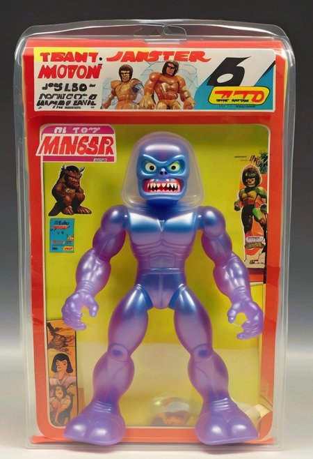 <lora:1987 Action Figure Playset Packaging:1>1987 Action Figure Playset Packaging - A product photo of a 1970s japanese toy clear monster action figure in front of packaging