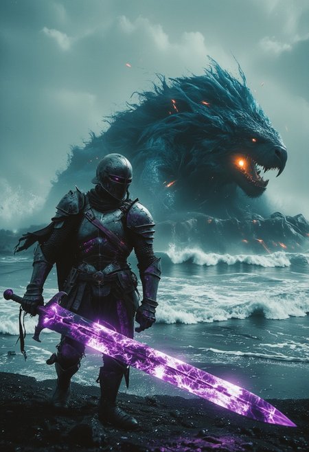 Upper body shot of a dark, menacing mechanical knight engaged in a bosstyle boss battle, captured with the gritty realism of an old analog camera. The knight’s battle-worn, intricately designed helmet reflects the eerie glow of his weapon—a massive, twisted sword. The blade crackles with dark energy, gathering ominously at its tip, where a glowing orb of dark purple and translucent amber light pulses with immense, destructive power. The energy radiates along the blade, casting a sinister glow that illuminates the knight’s helmet and armor, creating stark contrasts between light and deep shadows. Standing strong against a translucent Crystal dark-blueish Boss Made of waves Resembling an wide Fury ghostly Wave water monster, 
 The chaotic battlefield around them is set amidst large crystal-blue waves crashing with explosive force, intensifying the dramatic clash between the knight and his adversaries.