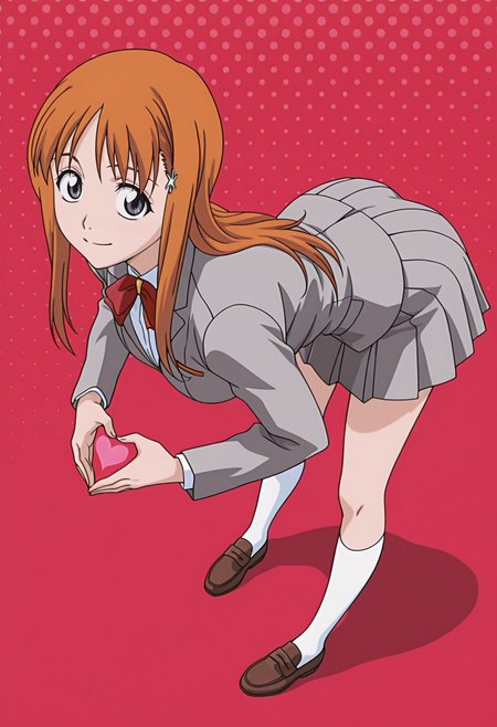 masterpiece, best quality, amazing quality, anime screencap, anime coloring, 1girl, solo,   <lora:DX888Orihime:1> inoue orihime, grey eyes, orange hair, long hair,
hairclip, school uniform, grey blazer, grey skirt, red bow,  BREAK red background, dotted background,  (simple background:1.2) BREAK  (dynamic pose:1.2), smile, blsuh, heart hands, bent over, from above, from side,