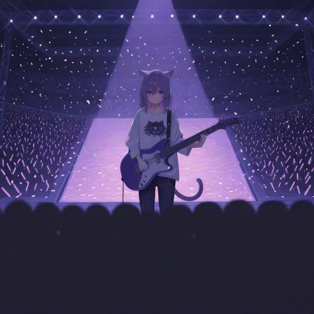 Here's a prompt to generate an image similar to the one you provided: **Prompt:** Anime style illustration of a young male guitarist on stage. He has dark, tousled hair and a somewhat serious expression. He's wearing a white long-sleeved shirt with a stylized cartoon cat graphic on it. He is holding a bright pink electric guitar. The background is a concert stage with blurred figures of a crowd, bright purple stage lights, and a shower of confetti. The overall style is vibrant and colorful with sharp details.