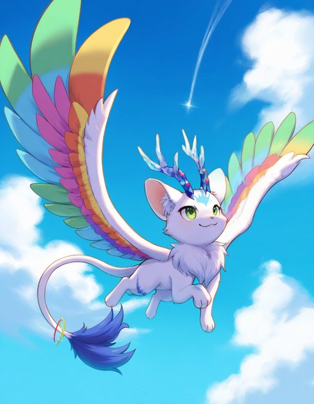masterpiece:1.1, best quality:1.1, fantasy kinoko, <lora:N11_KinokoV2_22_1206:0.7>, solo, flying, wings, sky, cloud, rainbow