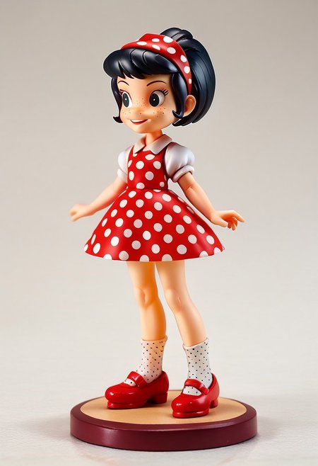 figure, score_9, score_8_up, score_7_up BREAK Yuyito, 1girl, black hair, red white polka dot headband, black eyes, freckles, red white polka dot dress, socks, black mary jane shoes,