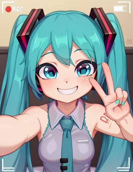 score_9, score_8_up, score_7_up, BREAK    <lora:Mrploxykun_Artist_Style_ponyXL-000012:1>,  hatsune_miku, solo, 1girl, smile, adorable face , cute, long eyelashes, elbow out of frame, one hand out of frame, necktie, selfie, closeup, recording, pov, v sign, upper_body