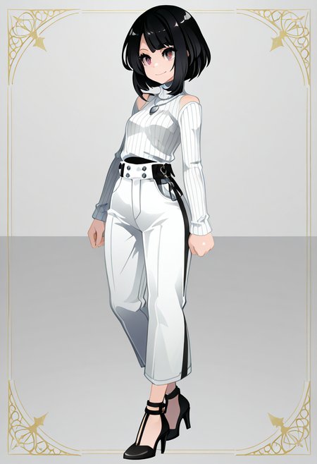 masterpiece, best quality, 1girl, solo, eyelashes, (beautiful eyes), narrow waist, smile, <lora:CoutureCraze_IXL:1.0>,   zzSelene, black hair, short hair, C0utur3Cr4z3, 1girl, solo, black turtleneck, white high-waisted trousers, black heels, silver jewelry, minimalist style, modern art gallery â Selene stands in front of a modern art piece in a minimalist gallery, exuding quiet elegance. Her black turtleneck fits perfectly, tucked into high-waisted white trousers that flow effortlessly with every step. Black heels add a sleek touch, and silver jewelryâsimple yet strikingâcompletes the look. The galleryâs clean lines and white walls accentuate her modern, chic aesthetic, with her short black hair framing her face in a sharp, polished manner.      <lora:SelenePokemon_NAI:1.0>,
