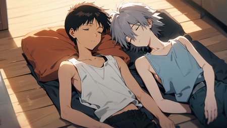 masterpiece, best quality, very aesthetic, absurdres, 2boys,
nagisa kaworu, ikari shinji, neon genesis evangelion,
tank top, sleeping, wooden floor, couple