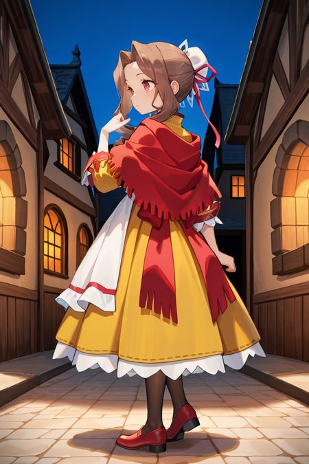 masterpiece, very aesthetic, absurdres, best quality, amazing quality, high resolution, <lora:illustrious_quality_modifiers_masterpieces_v1:0.8> , <lora:ChamIllustriousBackgroundEnhancer:0.5>,   <lora:MistelIL:0.8> , misdef, 1girl, long hair, long sidelocks, drill sidelocks, brown hair, red eyes, bun cover, hair ornament, single hair bun, hair ribbon, ribbon, dress, yellow shirt, sleeves past elbows, frilled sleeves, yellow skirt, red shawl, back bow, white apron, apron, apron over yellow shirt, pantyhose, red shoes, full body, exterior, night, medieval village, medieval fantasy,