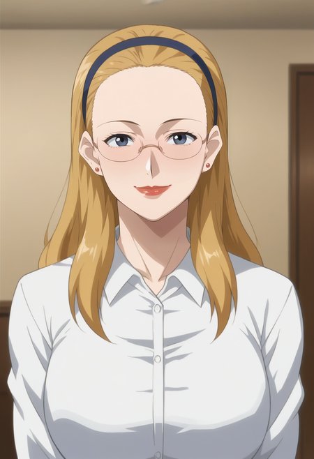 <lora:Misao_Mitsuka-Musuko_no_Tomodachi_ni_Okasarete:0.9>,Misao,mature female,1girl,solo,glasses,hairband,blonde hair,lipstick,long hair,earrings,breasts,shirt,upper body,looking at viewer,indoors,smile