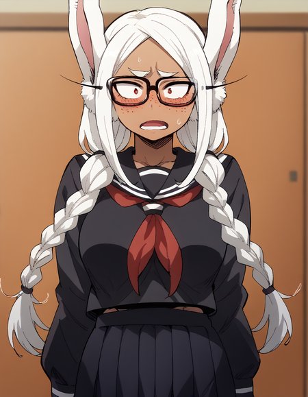 score_9, score_8_up, score_7_up, source_anime, <lora:rumi-usagiyama-ponyxl-lora-nochekaiser:1>, rumi usagiyama, long hair, animal ears, white hair, dark skin, rabbit ears, dark-skinned female, rabbit girl, red eyes, parted bangs, large breasts, <lora:jimiko-ponyxl-lora-nochekaiser:1>, jimiko, glasses, black-framed eyewear, messy, unkempt, thick eyebrows, twintails, braids, freckles, baggy eyes,, blush, open mouth, embarrassed, classroom, adjusting eyewear, serafuku, black serafuku, red neckerchief, skirt, black skirt, pleated skirt, cowboy shot, <lora:averting-eyes-ponyxl-lora-nochekaiser:1>, averting eyes,
