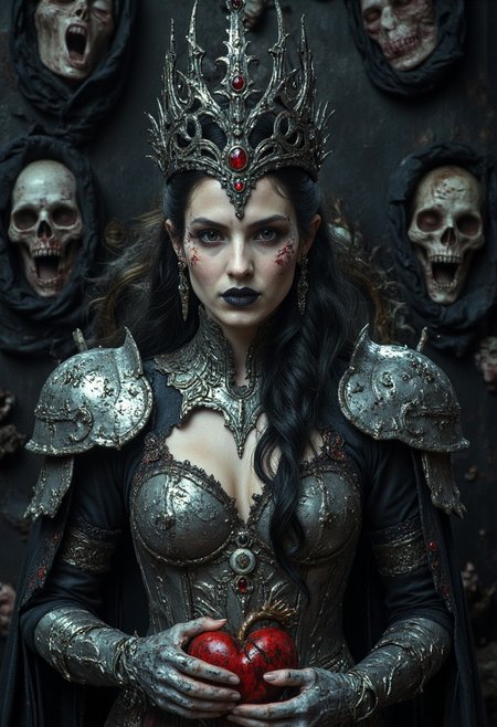 Ultra-detailed Face Closeup portrait of a Dark Empress at the zenith of her unholy reign—a voluptuous sovereign of blood and shadows. Her face is a flawless vision of cruel divinity: high, sculpted cheekbones carved from malice, skin like moonlit obsidian stretched over eternal beauty. Her full lips—glossed black and parted just enough—reveal fangs wet with the venom of a thousand betrayals. Her eyes burn crimson with the ancient hunger of forgotten empires, their glow casting fractured reflections across her towering (blackened silver pauldrons:1.4), which strain over her buxom, armored chest.
A towering crown of fused vertebrae and shattered halos coils into her long, jet-black hair like a serpentine halo, whispering blasphemies in a language older than sin. Coagulated blood-mist (1.5) coils lovingly around her curves, as if worshipping the very air she corrupts. Her armored corset is etched with scenes of martyrdom, every engraved line filled with sacred ash and scorched devotion.
In one clawed gauntlet, she holds a still-beating heart—its rhythm in sync with the agony of the world—while the other hand delicately balances a twisted spine-scepter, strung with the wedding rings of her victims. Behind her rises a cathedral of living shadows, the ribcage of a forgotten god stretched into her throne. (Screaming faces press outward from the walls:1.6), their lips stitched shut with strands of her own silver-threaded hair.