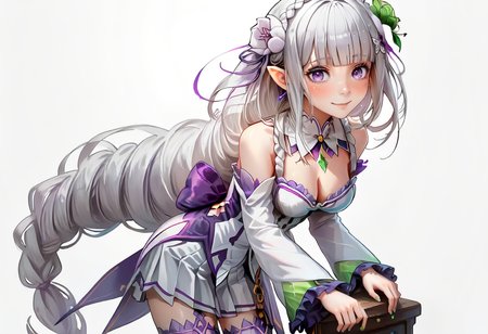 score_9,score_8_up,score_7_up,score_6_up,score_5_up,score_4_up,<lora:Anime_Style_For_Pony:0.9>,source_anime,perfect eyes,<lora:Emilia_ReZero_pony:0.9>,emilia_rezero_pony,1girl,blunt bangs,blush,cleavage,closed mouth,detached collar,detached sleeves,frilled sleeves,frills,green gemstone,hair flower,hair ornament,hair ribbon,long hair,long sleeves,looking at viewer,medium breasts,miniskirt,pleated skirt,pointy ears,purple eyes,purple ribbon,simple background,single braid,smile,solo,standing,thighhighs,very long hair,white background,white flower,white hair,white skirt,white sleeves,zettai ryouiki,
