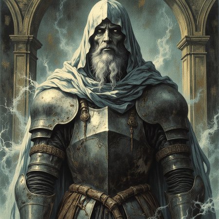 A ghostly undead figure in ancient armor hovers in a dimly lit room, The armor, tarnished and weathered with time, clings to the ghostly figure, with cracks and gaps revealing the misty, swirling essence within. The ghost eyes peer out from beneath a dented helmet. Long, tattered remnants of a cloak drift weightlessly behind it as if caught in a perpetual wind. The armor's metal clinks faintly, echoing in the silence, while the ghost hovers silently, its presence both haunting and regal in the desolate space, cowboy shot